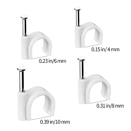 Abnii Cable Clips, 400 Pcs, 4mm 6mm 8mm 10mm, Wire Wall Clips with Steel Nails, Ethernet Cable Clips, Cable Tacks Coax Holder Clips, RG6 RG59 CAT6 RJ45 Cable Cord Clips, White…