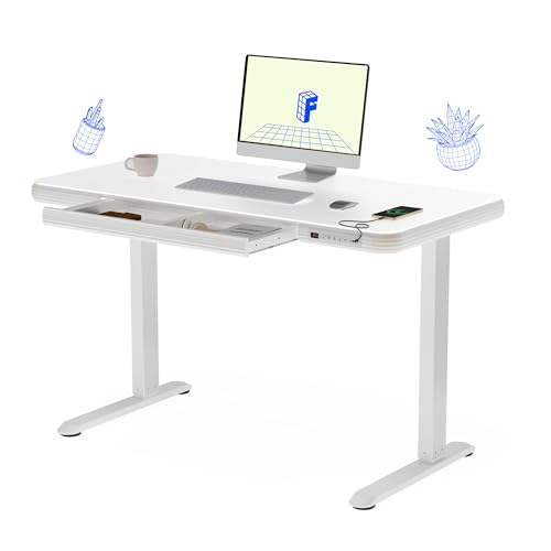 FLEXISPOT Comhar Electric Pure Glass Standing Desk with Drawer Desktop & USB Charge Ports, 48" Ergonomic Height Adjustable Sit to Stand Desk for Home Office (White, Glass)