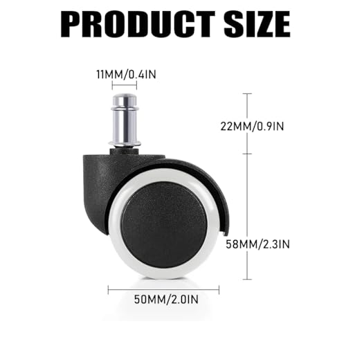 2" Universal Computer Office Chair Wheels Heavy Duty Rubber Gaming Chair Casters White No Noise Polyurethane Wheel Replacement Standard Size Set of 5
