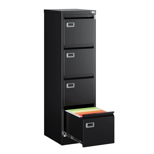 MIIIKO 4 Drawer File Cabinet with Lock, Metal File Cabinets for Home Office,Vertical Filing Cabinets Office Storage Cabinet for Letter,Legal,A4,File Folders(Black)