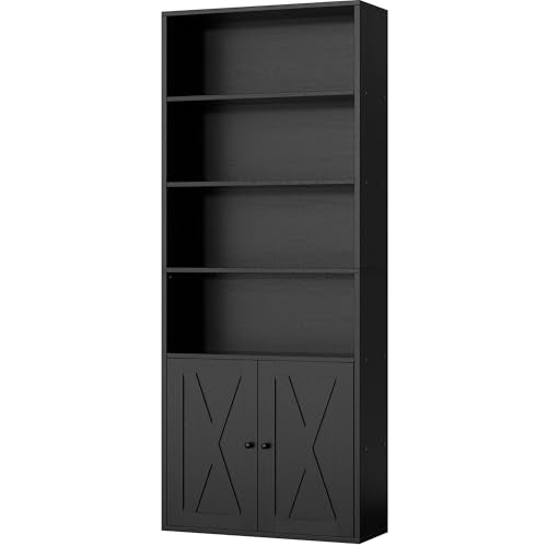 Shintenchi Bookshelf, Industrial Bookshelves and Bookcases with Doors Floor Standing 6 Shelf Display Storage Shelves 70.9 inches Tall Bookcase for Home Office, Living Room (Black)