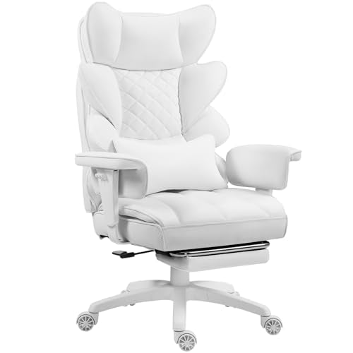 Dowinx Big and Tall Office Chair with Pocket Spring Cushion,High Back Computer Gaming Chairs with Adjustable Armrests and Lumbar Support,Executive Desk Chairs with Footrest(PU,White)