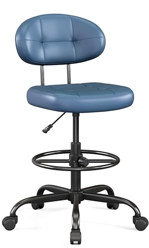 Misolant Drafting Chair Without Arms, Tall Office Chair with Footrest Ring for Standing Desk, Small Faux Leather Executive Chair with Adjustable Height for Bar Lab Counter Height Desk, Navy Blue