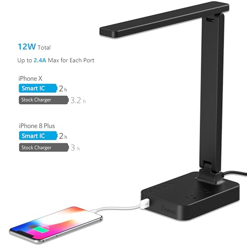 Drevet LED Desk Lamp for College Dorm Room, Desk Light with 1 USB Charging Port 2 AC Power Outlet, 3 Lighting Modes, 3 Level Brightness Touch Lamp, Eye-Caring Home Office Foldable Table Lamp