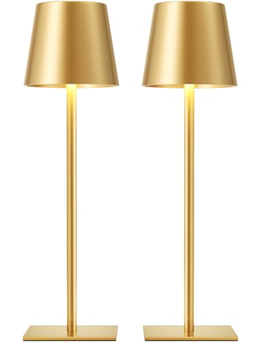Gold Cordless Rechargeable Table Lamp, 2 Pack Portable Desk Lamp with 5000mAh Battery, Touch Control Stepless Dimming, Wireless Night Light for Dining, Outdoor Camping, Coffee Shop, Water Repellent