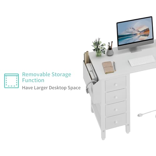 Lufeiya White L Shaped Computer Desk with Drawers & Storage Shelves, 47 Inch Corner Reversible Desk with Power Outlet for Home Office Bedroom, L-Shaped Teen PC Desks with Fabric Drawer, White