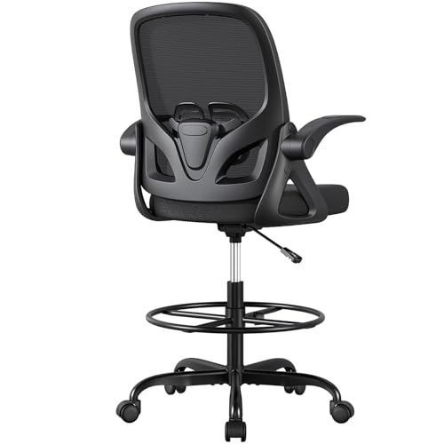 ORRSAKER Drafting Chair, Tall Office Chair with Flip-up Arms, Mesh Ergonomic Computer Standing Desk Chair with Adjustable Height Foot Ring and Lumbar Support, 300 LBS Capacity, Black