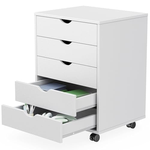 Sweetcrispy 5 Drawer Chest Mobile Storage Cabinets Small Wooden Dresser with Wheels Room Organization Furniture for Office Home, Rolling Vertical Organizer for Home Office, White Wood