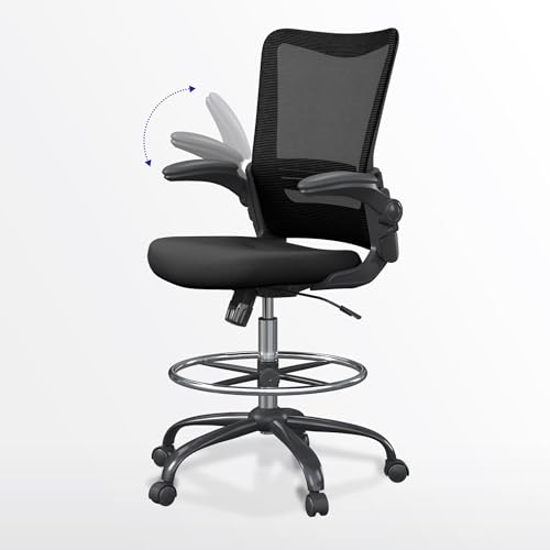 Drafting Chair Tall Office Chair for Standing Desk with Up & Down Flip-Up Armrest, 9” Adjustable Height High Desk Chair with Footrest Ring, 120° Recline Mesh Ergonomic Chair, 300 lbs