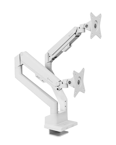 Arozzi Alzare Neo Duo Dual Gas Spring Monitor Arm - 2 Independent Arms, 17":34" Monitors, VESA 75/100, 360 Rotation, Up to 20 lbs Each, Cable Management, C-Clamp & Grommet Included - White