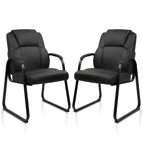 CLATINA Leather Guest Chair with Padded Arm Rest for Reception Meeting Conference and Waiting Room Side Office Home Black with Sled Base 2 Pack