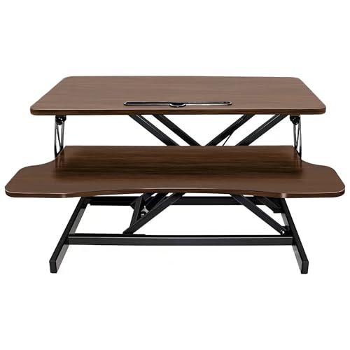 GOAWGO Standing Desk Converter, 32 Inch Wide, Height Adjustable Sit to Stand Workstation Riser, Dual Monitor with Wide Keyboard Tray for Home Office (Walnut)