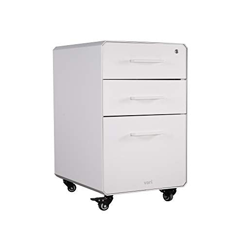 Vari File Cabinet for Office Storage with Three Drawers - Roll & Lock Caster Wheels (White)