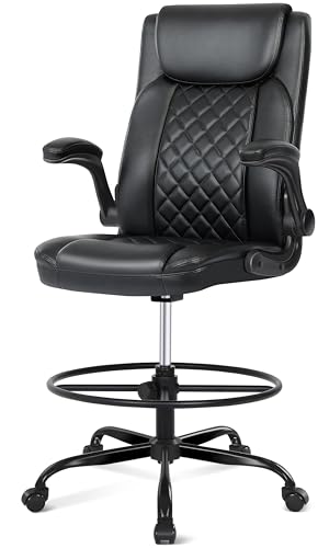 Misolant Drafting Chair with Footrest Ring, Tall Office Chair for Standing Desk, PU Faux Leather Bar Counter Height Chairs with Adjustable Height, 360° Swivel Wheels for Garage Office, Black