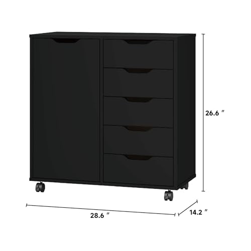 Panana 5-Drawer Chest with 1 Door, Wooden Chest of Drawers Storage Dresser Cabinet with Wheels, Office Organization and Storage, Bedroom Furniture (Black-S)