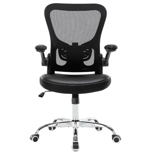 Office Chair, Mesh Ergonomic Desk Computer Chair with PU Leather Flip-up Armrest, Home Task Chair with Lumbar Support, Adjustable Executive Mid Back, Rolling Swivel,Black