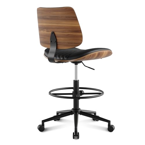 BERYTH Drafting Chair with Adjustable Footrest, Armless Modern Tall Office Chair for Standing Desk, PU Leather Swivel Stool in Curved Bentwood Style, Ergonomic Rolling Walnut Chair for Office(Black)