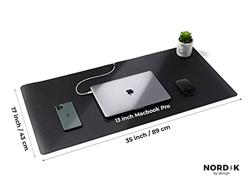 Nordik Leather Desk Mat Cable Organizer - Pebble Black 35 X 17 inch - Premium Mouse Mat - Felt Vegan Leather Desk Pad Protector - Desk Blotter Matt Keyboard - Large Desk Matt for Desktop Computer