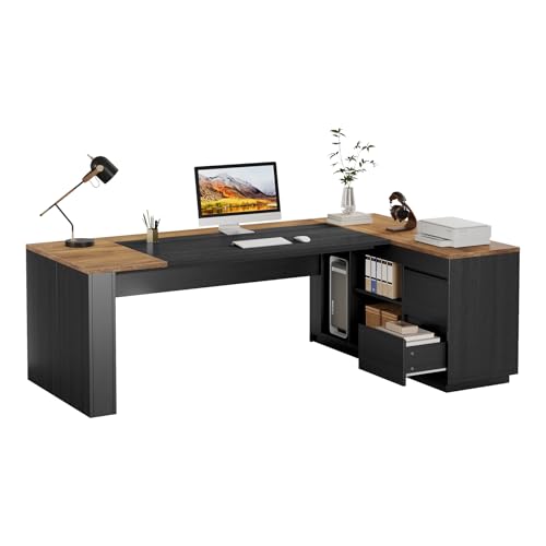 Tribesigns 78" L Shaped Executive Desk with Drawers, Large Office Computer Desk with Cabinet and Storage Shelves, Modern Business Furniture Sets Workstation for Home Office (Brown&Black)