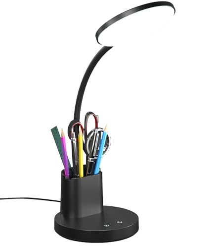 Vicsoon Desk Lamp, LED Desk Lamps for Home Office, Touch Table Lamp with 3 Color Modes 360° Adjustable Arm, Dimmable Desk Light with Pen Phone Holder for College Dorm, Black