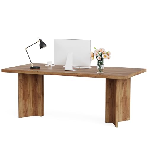 Tribesigns 63-inch Executive Desk, Vintage Home Office Computer Desk with Large Tabletop, Farmhouse Wood Writing Conference Table Workstation for Office, Study, Walnut Brown