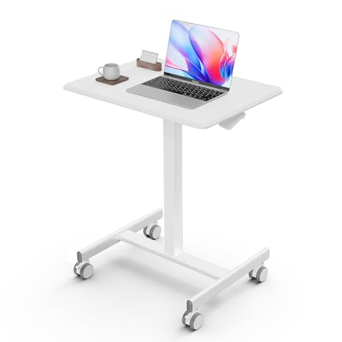DUMOS Mobile Small Standing Desk, Portable Rolling Laptop Desk with 2 Lockable Wheels, Adjustable Height Computer Workstation for Home Office, 19 Inch White