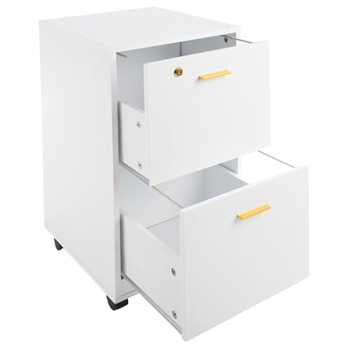 Lavish Home 2 Drawer File Cabinet - Filing Cabinet with Lock - Rolling File Cabinet for Under Desk Storage - Wood Filing Cabinet for Home or Office Organization (White)