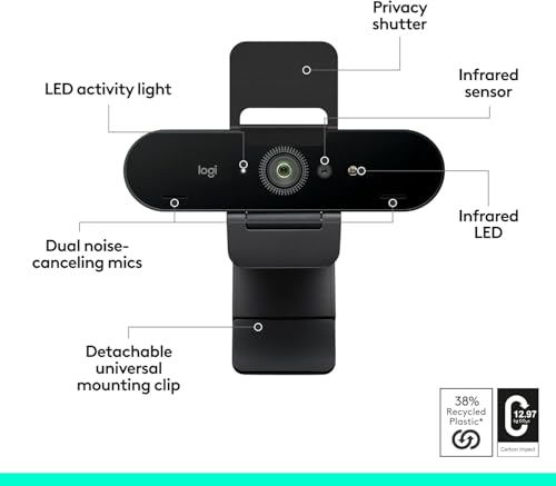 Logitech Brio 4K Webcam, Video Calling, Noise-Cancelling mic, HD Auto Light Correction, Wide Field of View, Windows Hello Works with Microsoft Teams, Zoom, Google Meet, PC/Mac/Laptop/MacBook/Tablet
