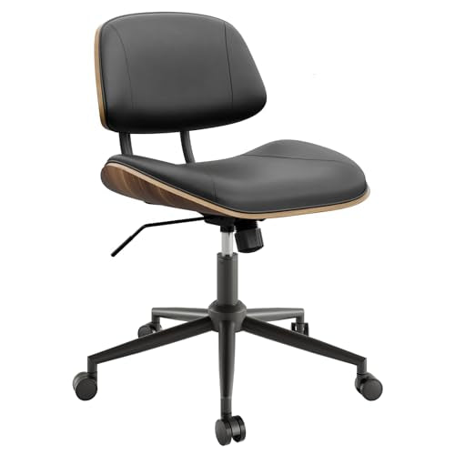 BERYTH Armless Office Chair with Wheels, PU Leather Adjustable Height Desk Chair - 360° Swivel Ergonomic Computer Chair for Small Space, Modern Walnut Style, Home & Meeting Room, Black