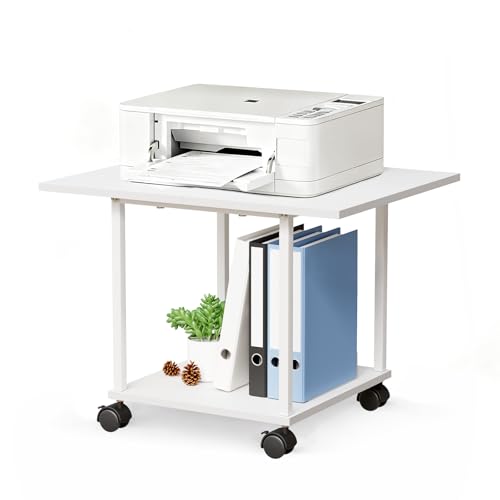 BEWISHOME 2-Tier Industrial Mobile Printer Stand, Rolling Cart with Storage Shelf, Lockable Wheels, for Home, Office (White) BDZ01W
