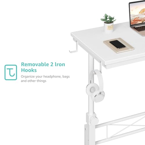WINAZ Small Portable Treadmill Walking Pad Desk on Wheels, 32 Inch White Adjustable Height Mobile Rolling Standing Teacher Desks, Couch Sofa Side Laptop Stand Up Table for Bedroom, White