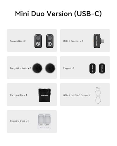 Hollyland Lark A1 Wireless Microphone for iPhone & Android, 48kHz/24-bit Studio Audio, 3-Level Noise Cancellation, 200m Range, Magnetic Mini Mic for Video Recording & Live Streaming (2TX + USB-C RX)