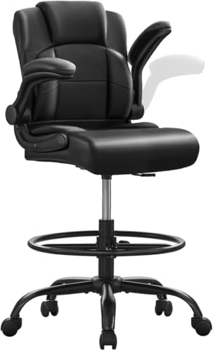 Drafting Chair, Tall Office Chair for Standing Desk, 500Lbs PU Leather Ergonomic Chair with 90 °Flip-up Armrests, Adjustable Foot Ring & Height, for Home, Drawing, or Counter Use(Black)