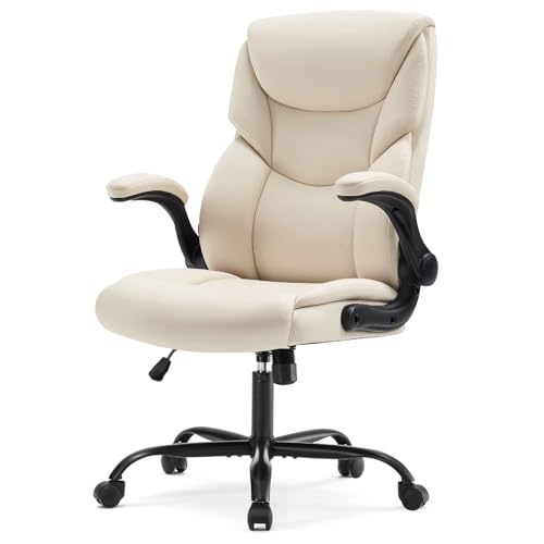 Sweetcrispy Ergonomic Office Chair - Heavy Duty Task Desk Chair with Flip-up Armrest, PU Leather, Height Adjustable & Swivel Rolling Chair with Wheels, Beige