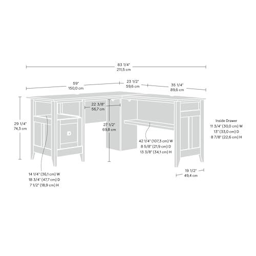 Sauder August Hill L-Shaped Home Office Desk, Farmhouse Corner Desk with File Drawer, Cable Management, Mystic Oak Finish