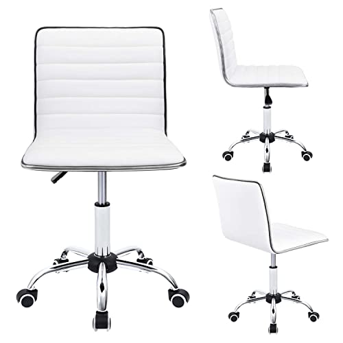 Furmax Vanity Office Desk Chair with Wheels, Armless Small Cute Leather Makeup Computer Task Chair Adjustable Height 360° Swivel (White)