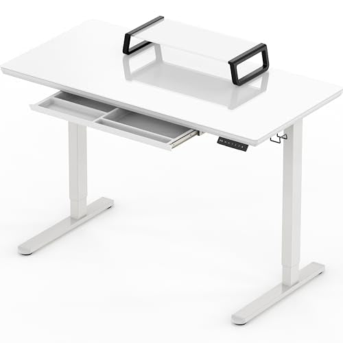 SHW 48x24 Glass Electric Height Adjustable Standing Desk – Motorized Sit Stand Desk with Monitor Riser, Pull-Out Drawer, Memory Presets, White