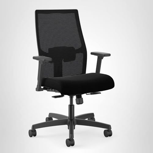 HON Ignition 2.0 Mid‑Back Ergonomic Office Chair, Mesh Task Desk Chair with Lumbar Support, Standard Synchro‑Tilt, Height and Width Adjustable Arms, Black Frame, Black