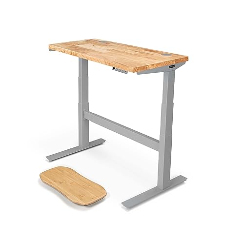UPLIFT DESK - V2 Rubberwood Butcher Block (48 x 24 inch) 1.5" Desktop Standing Desk, Height Adjustable Commercial Frame (Gray), Advanced Keypad, Wire Grommets, Wire Tray, Rocker Board