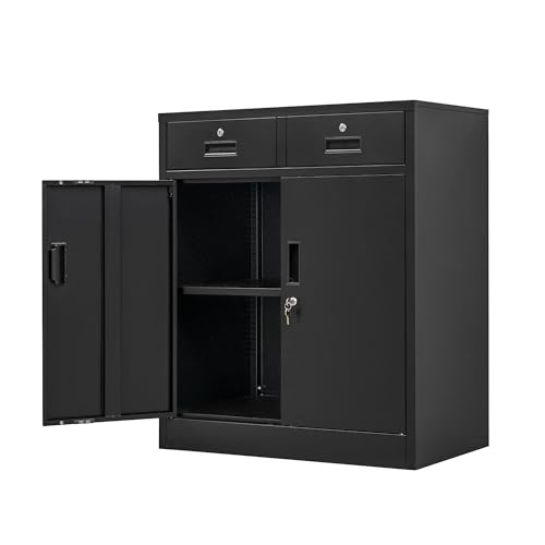 Wanfu Metal Storage Cabinet, 36" H Locking Storage Cabinet with 2 Drawers and Adjustable Shelf, Metal Cabinets for Office, Garage, Home-Black