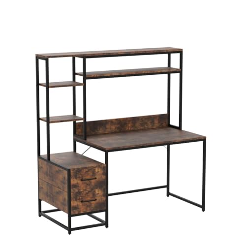 Tribesigns 55 Inch Computer Desk with 2 Drawers and Storage Shelves, Rustic Office Desk with Hutch, Study Writing Gaming Table Laptop Workstation for Home Office (Brown)