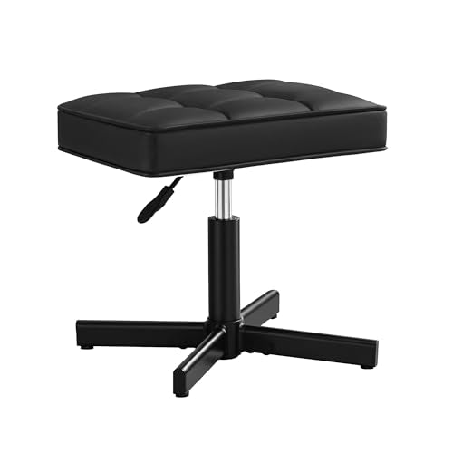 LUE BONA Adjustable Vanity Stool, Foot Rest Under Desk, 360° Swivel Vanity Chair for Makeup Room, Black Upholstered Faux Leather Ottoman for Bathroom & Living Room, 300lbs