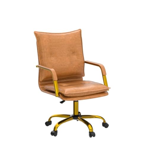 HULALA HOME Faux Leather Home Office Desk Chair, Adjustable Swivel Computer Chair with Golden Legs and Arms, Comfy Upholstered Task Chair,Camel