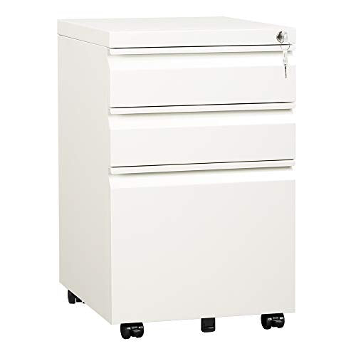 DEVAISE 3 Drawer Mobile File Cabinet with Lock, Under Desk Metal Filing Cabinet for Home Office/Legal/Letter/A4 File, Fully Assembled Except Wheels, White