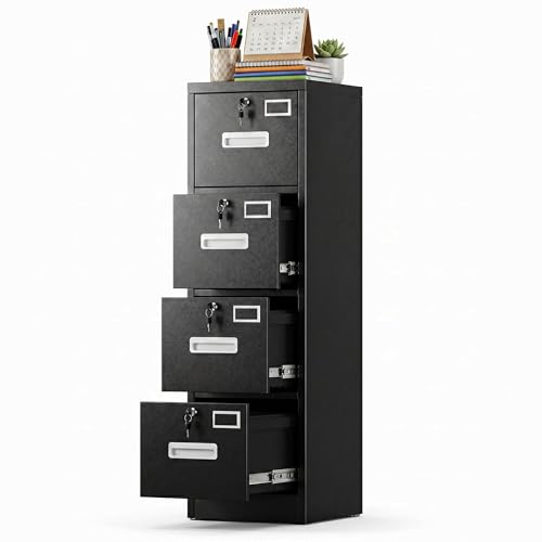 SUXXAN 4 Drawer File Cabinet with Lock and Name Card Slots, Heavy Duty Metal Vertical Filing Cabinet for Home Office for Letter/Legal/A4 Size, 17.72" D x 14.96" W x 55.2" H, Black