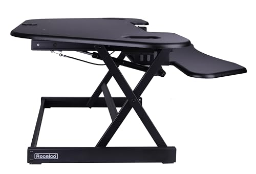 Rocelco 46" Height Adjustable Corner Standing Desk Converter - Quick Sit Stand Up Dual Monitor Riser - Gas Spring Assist Tabletop Computer Workstation - Large Keyboard Tray - Black (R CADRB-46)