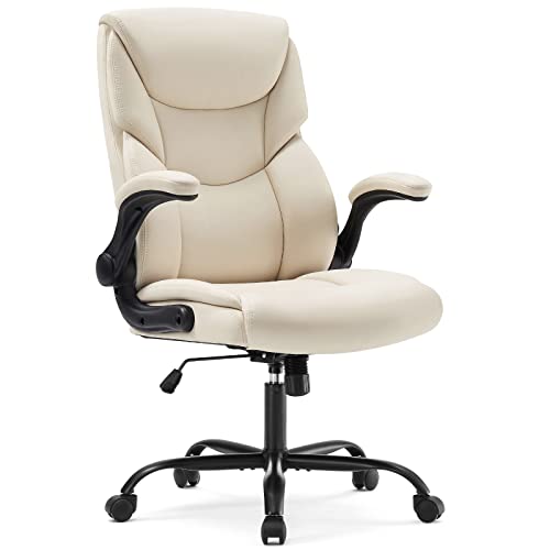 DUMOS PU Leather Office Chair - Ergonomic Executive Computer Desk Chairs with Adjustable Flip-up Armrest, Swivel Task Chair with Lumbar Support, Strong Metal Base, Cream White