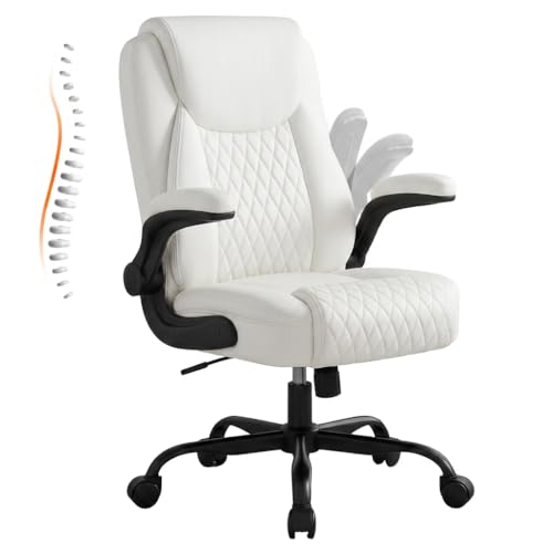 GTPLAYER Leather Office Chair, Home Desk Chair with Flip-up Arms and Ergonomic Back - Comfy Heavy Duty Executive Chair for Home Office Gaming, White