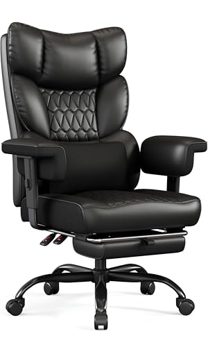 Misolant Big and Tall Office Chair with Footrest, High Back Executive Desk Chair with Adjustable Lift Armrest, 155°Recline，Lumbar Support Pillow, Faux Leather Gaming Chairs for Home or Office Black