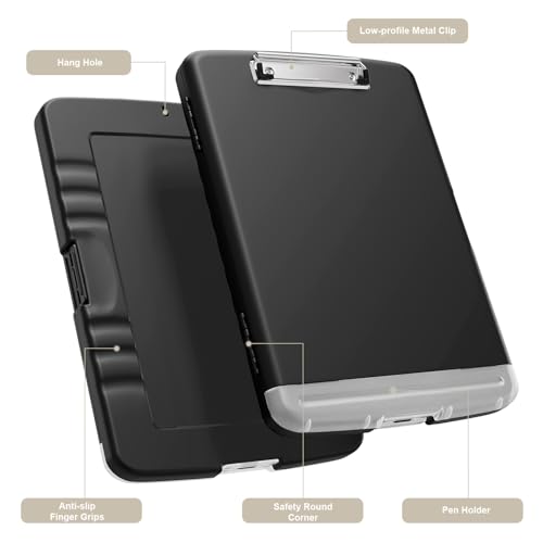 Piasoenc Clipboard with Storage, 8.5 x 11 Organization Box with Pen Holder and A4 Legal Paper Folder, Folio & Side-Opening, Low Profile Clip,for Nurses,Teachers, Size 14 x 9.6 x 1.2 in, Black